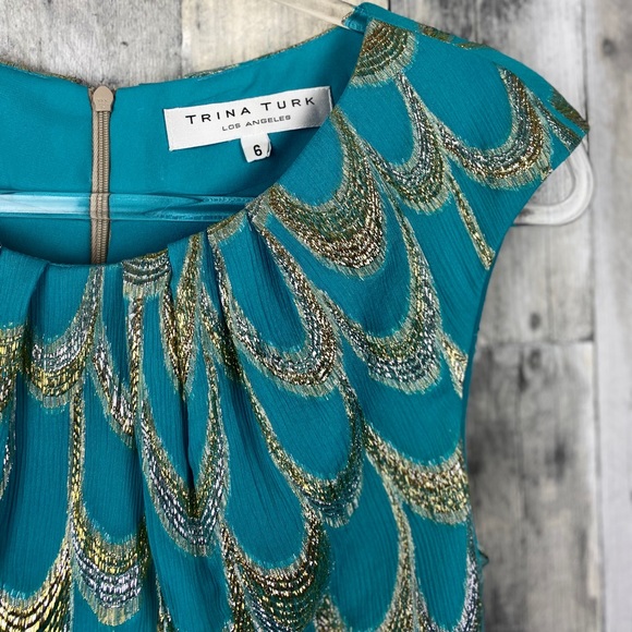 Trina Turk Peacock Metallic Sheath Dress Size 6 - Picture 7 of 8